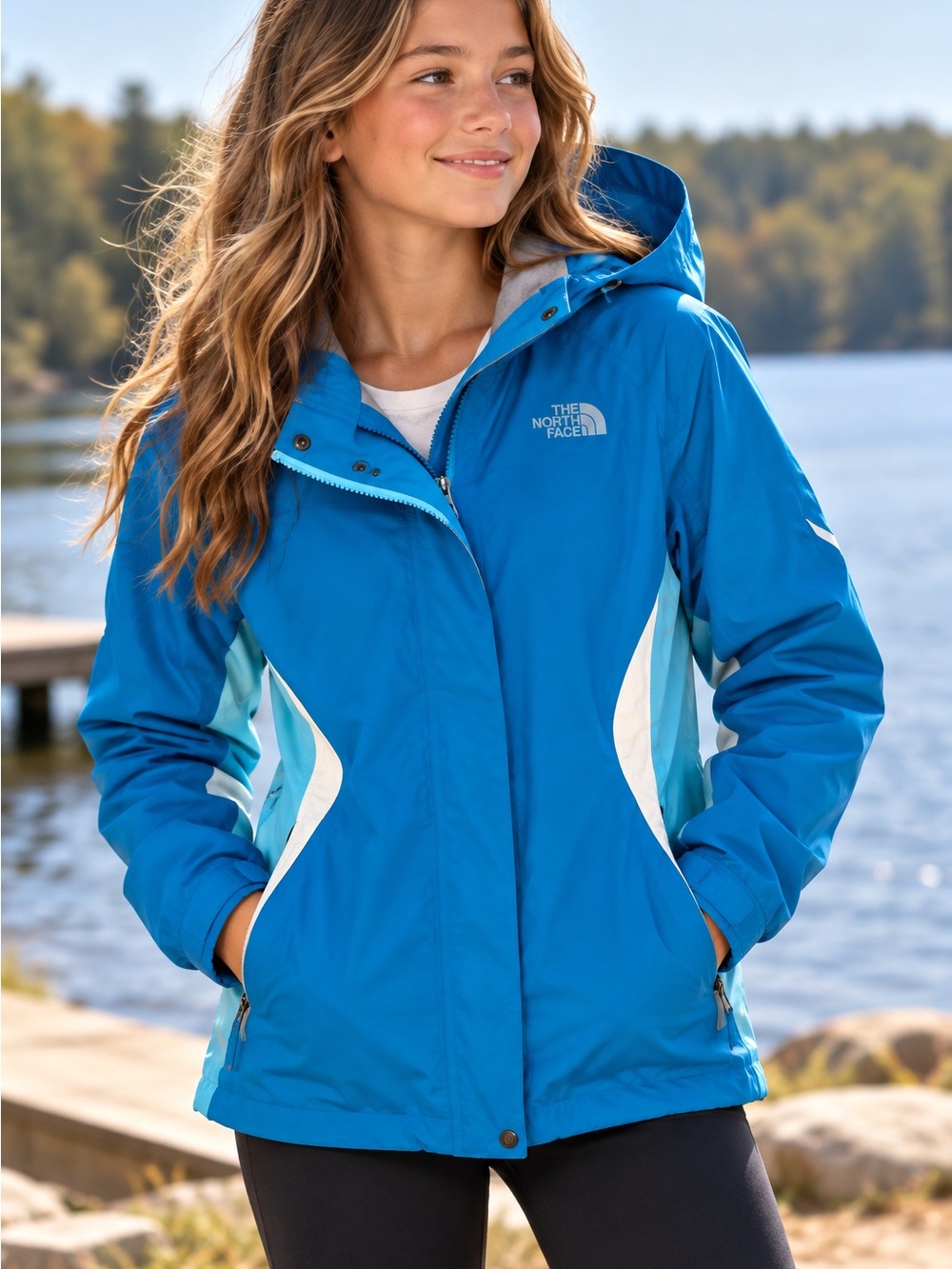 The North Face Women's Bright Blue Hooded Ski Jacket with White Accents